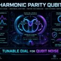 Harmonic Parity Qubit infographic from m1k.tech showing how a tunable SQUID suppresses odd harmonics, enables Cooper pair tunneling, and provides quantum noise protection via even parity dominance