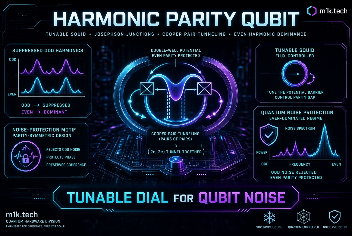 Harmonic Parity Qubit infographic from m1k.tech showing how a tunable SQUID suppresses odd harmonics, enables Cooper pair tunneling, and provides quantum noise protection via even parity dominance