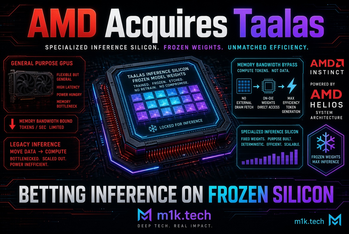 AMD acquires Taalas infographic: Taalas inference silicon uses frozen model weights etched on-die, bypassing memory bandwidth limits for max-efficiency token generation, powered by AMD Instinct and Helios architecture