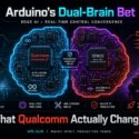 Infographic titled Arduino's Dual-Brain Bet showing Qualcomm Dragonwing application processor paired with STM32 microcontroller for edge AI and real-time robotics control