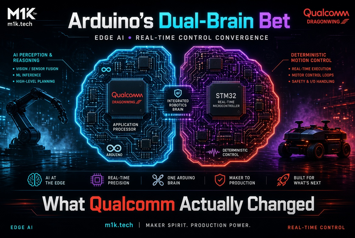 Infographic titled Arduino's Dual-Brain Bet showing Qualcomm Dragonwing application processor paired with STM32 microcontroller for edge AI and real-time robotics control