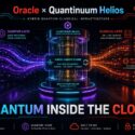 Infographic showing Oracle x Quantinuum Helios hybrid quantum-classical infrastructure, with quantum and classical compute layers connected via a Hybrid Handoff Engine on Oracle Cloud Infrastructure