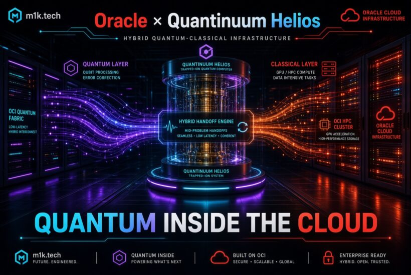 Infographic showing Oracle x Quantinuum Helios hybrid quantum-classical infrastructure, with quantum and classical compute layers connected via a Hybrid Handoff Engine on Oracle Cloud Infrastructure