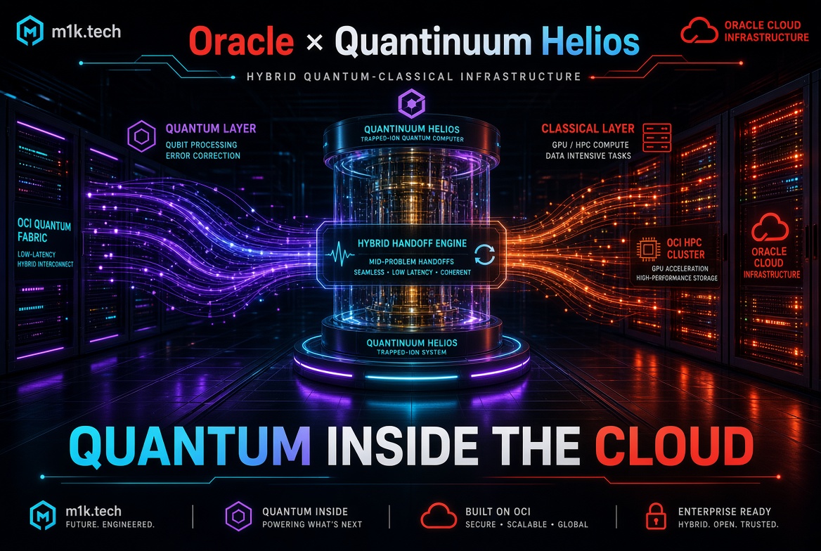 Infographic showing Oracle x Quantinuum Helios hybrid quantum-classical infrastructure, with quantum and classical compute layers connected via a Hybrid Handoff Engine on Oracle Cloud Infrastructure
