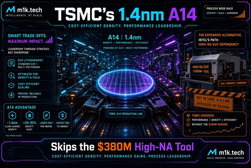 Infographic: TSMC's 1.4nm A14 node uses EUV multi-patterning to achieve class-leading density and 20–30% density gains at lower cost per wafer, bypassing Intel's $380M High-NA EUV tool