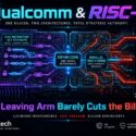 Infographic showing Qualcomm's dual-architecture strategy combining Arm-based Oryon Core with parallel RISC-V cores, targeting data center, automotive, and wearables markets with licensing independence and cost freedom. Tagline: Leaving Arm Barely Cuts the Bill