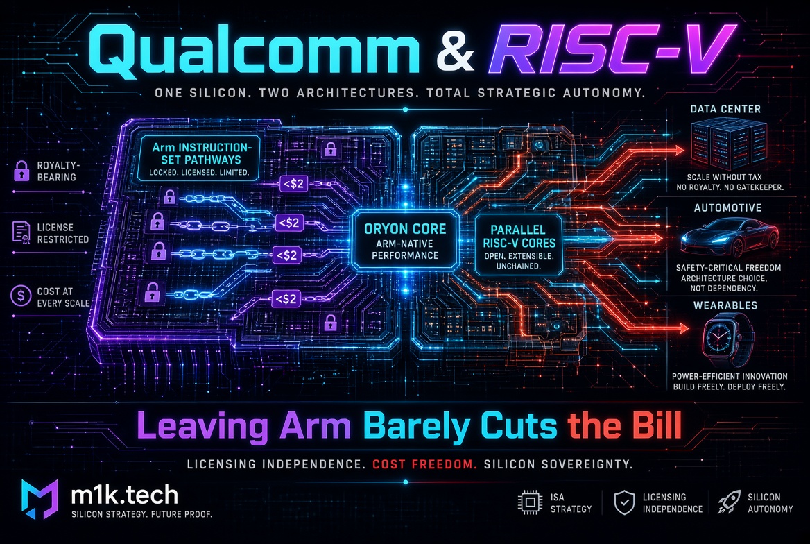 Infographic showing Qualcomm's dual-architecture strategy combining Arm-based Oryon Core with parallel RISC-V cores, targeting data center, automotive, and wearables markets with licensing independence and cost freedom. Tagline: Leaving Arm Barely Cuts the Bill