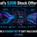 Infographic: Intel's $20B stock offering funds AI-era foundry expansion with $20B equity infusion, Class 1 cleanrooms, 14A process tools, and wafer production lines ramping for AI demand — described as a foundry bet it can't walk back from