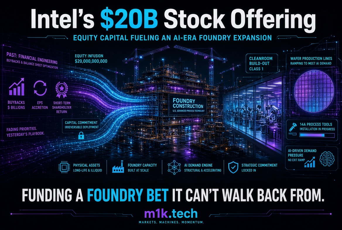 Infographic: Intel's $20B stock offering funds AI-era foundry expansion with $20B equity infusion, Class 1 cleanrooms, 14A process tools, and wafer production lines ramping for AI demand — described as a foundry bet it can't walk back from