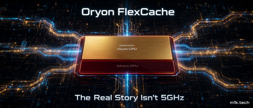 Illustration of a chip labeled Qualcomm Oryon CPU and Adreno GPU, titled Oryon FlexCache: The Real Story Isn't 5GHz