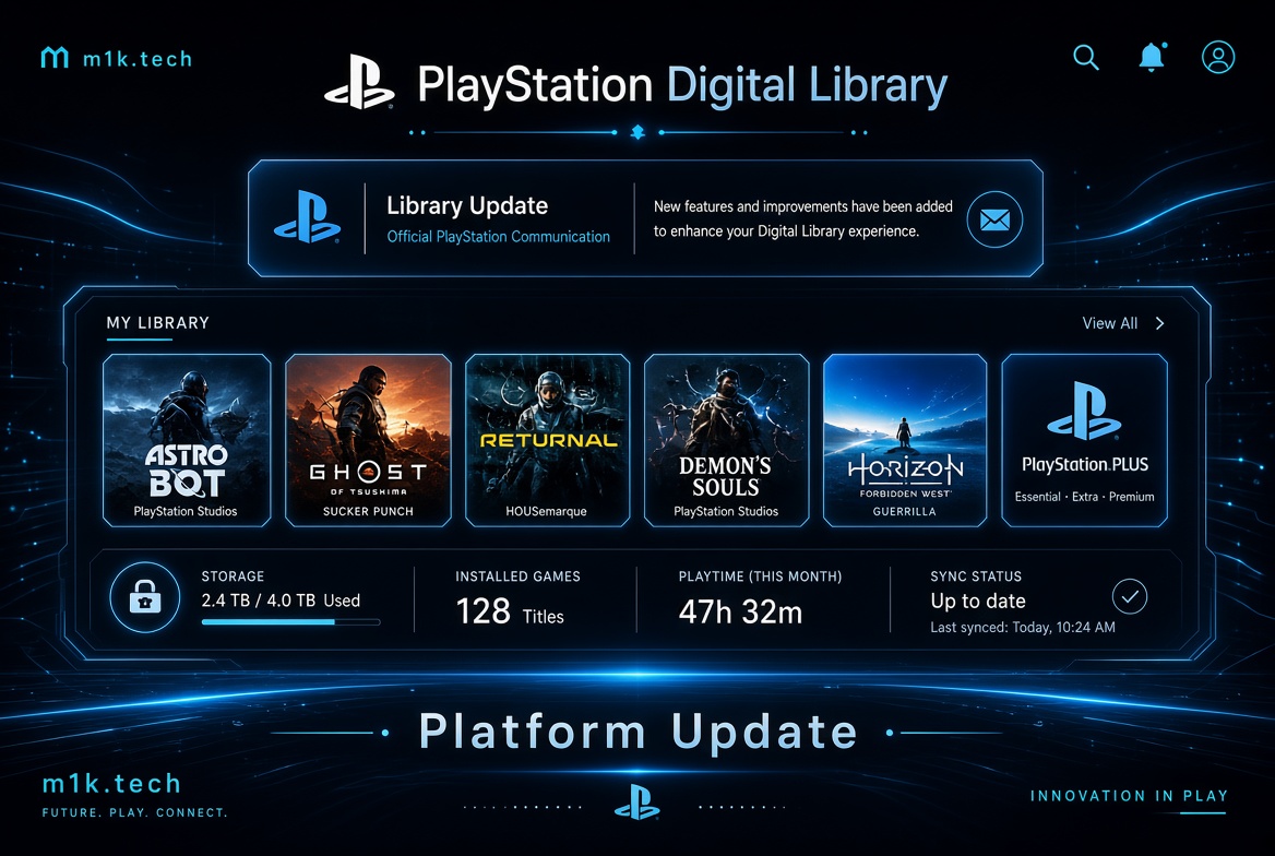 PlayStation Digital Library interface showing a library update notice, game library with Astro Bot, Ghost of Tsushima, Returnal, Demon's Souls, Horizon Forbidden West, and PlayStation Plus, plus storage at 2.4 of 4.0 TB used, 128 installed titles, 47h 32m playtime this month, and sync status up to date