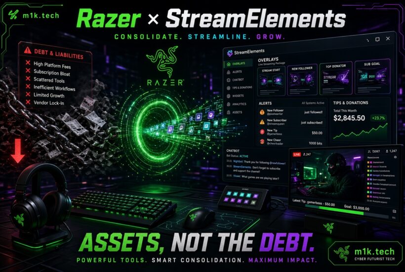 Razer x StreamElements promotional graphic: Consolidate. Streamline. Grow. Assets, Not the Debt. Powerful Tools. Smart Consolidation. Maximum Impact