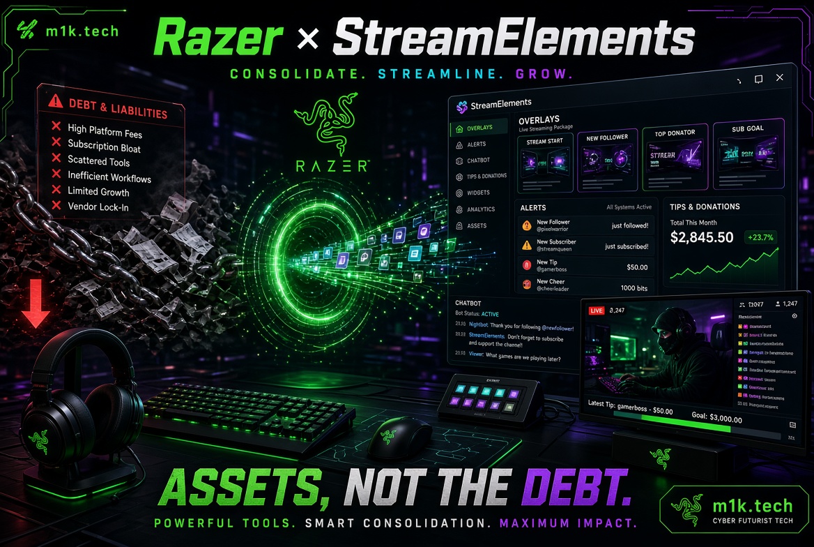 Razer x StreamElements promotional graphic: Consolidate. Streamline. Grow. Assets, Not the Debt. Powerful Tools. Smart Consolidation. Maximum Impact