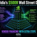 Infographic: Nvidia's $500B Wall Street Deal showing a $500B financing bridge linking Wall Street private equity to Nvidia's AI data center core via vendor financing, locked-in demand through long-term GPU purchase commitments, cloud credit structures, and ecosystem incentives, with risks including historical telecom-era parallels, capex bubble risk, and systemic dependency. Summarized as vendor financing with extra steps. Source: m1k.tech