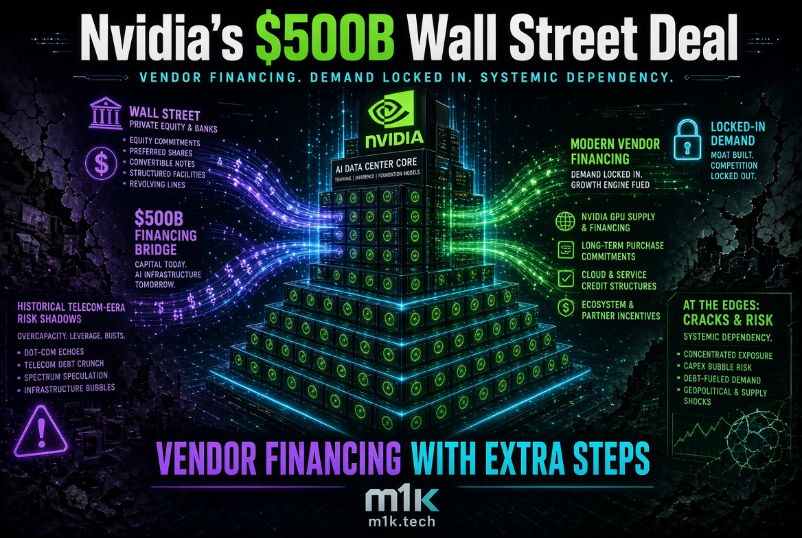 Infographic: Nvidia's $500B Wall Street Deal showing a $500B financing bridge linking Wall Street private equity to Nvidia's AI data center core via vendor financing, locked-in demand through long-term GPU purchase commitments, cloud credit structures, and ecosystem incentives, with risks including historical telecom-era parallels, capex bubble risk, and systemic dependency. Summarized as vendor financing with extra steps. Source: m1k.tech