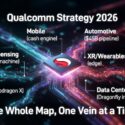 Qualcomm Strategy 2026 infographic showing six focus areas: Mobile (cash engine), Automotive ($45B pipeline), XR/Wearables/Robotics (edge), Data Center (Dragonfly inference), PC (Snapdragon X), and QTL Licensing (royalty machine), centered on a Snapdragon chip. Tagline: The Whole Map, One Vein at a Time