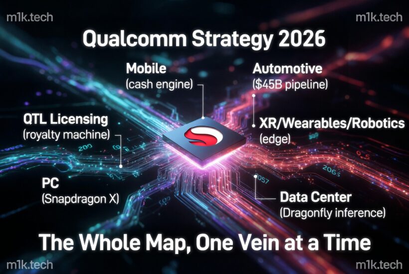 Qualcomm Strategy 2026 infographic showing six focus areas: Mobile (cash engine), Automotive ($45B pipeline), XR/Wearables/Robotics (edge), Data Center (Dragonfly inference), PC (Snapdragon X), and QTL Licensing (royalty machine), centered on a Snapdragon chip. Tagline: The Whole Map, One Vein at a Time