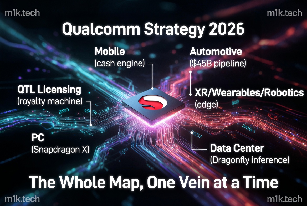 Qualcomm Strategy 2026 infographic showing six focus areas: Mobile (cash engine), Automotive ($45B pipeline), XR/Wearables/Robotics (edge), Data Center (Dragonfly inference), PC (Snapdragon X), and QTL Licensing (royalty machine), centered on a Snapdragon chip. Tagline: The Whole Map, One Vein at a Time