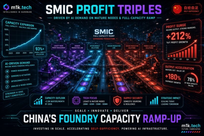 SMIC profit triples with +212% YoY growth, driven by AI demand on mature nodes, 93%+ capacity utilization, and China's foundry ramp-up to 2.5M wafers/month by 2026