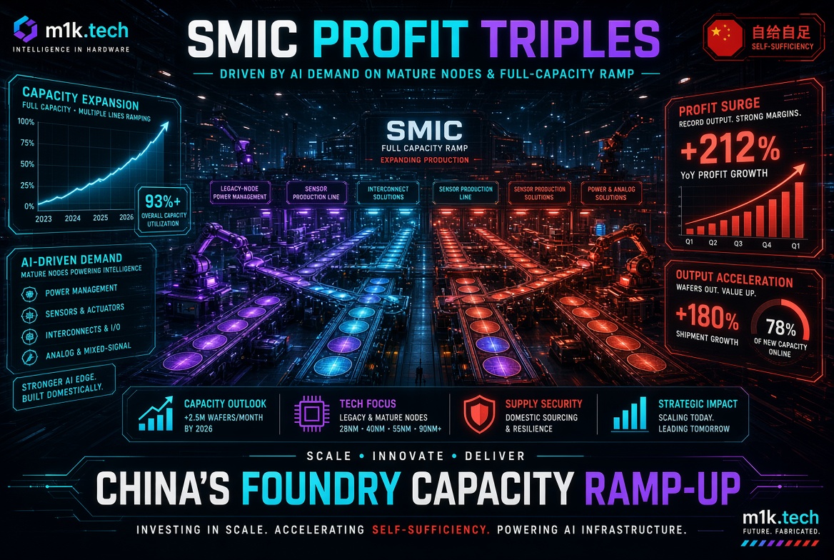 SMIC profit triples with +212% YoY growth, driven by AI demand on mature nodes, 93%+ capacity utilization, and China's foundry ramp-up to 2.5M wafers/month by 2026