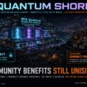 Infographic on M1K Quantum Research Campus at former U.S. Steel South Works: 40-year tax breaks locked in, but community benefits agreement remains unsigned, with protest signs demanding jobs, housing, and local hiring commitments