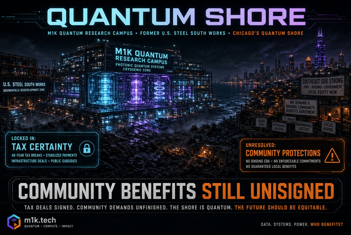 Infographic on M1K Quantum Research Campus at former U.S. Steel South Works: 40-year tax breaks locked in, but community benefits agreement remains unsigned, with protest signs demanding jobs, housing, and local hiring commitments