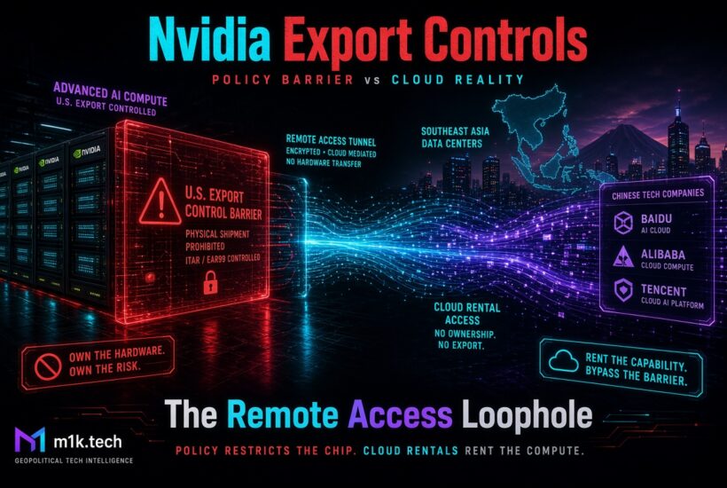 Diagram titled Nvidia Export Controls showing US-controlled Nvidia servers barred from physical export, connecting via encrypted remote access tunnel to Southeast Asia data centers, enabling Chinese firms Baidu, Alibaba, and Tencent to rent cloud compute without owning hardware, bypassing the export barrier through this remote access loophole
