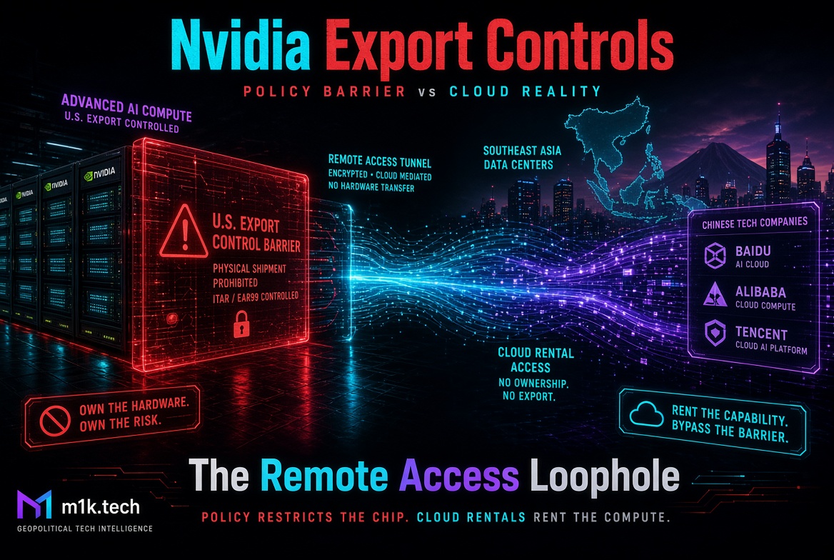 Diagram titled Nvidia Export Controls showing US-controlled Nvidia servers barred from physical export, connecting via encrypted remote access tunnel to Southeast Asia data centers, enabling Chinese firms Baidu, Alibaba, and Tencent to rent cloud compute without owning hardware, bypassing the export barrier through this remote access loophole
