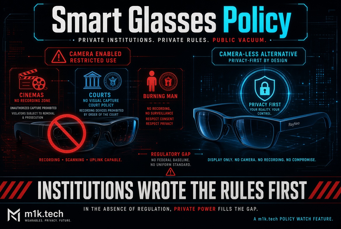 Infographic on smart glasses policy: camera-enabled glasses banned in cinemas, courts, and Burning Man due to no federal regulation; camera-less RayNeo alternative offers privacy-first, display-only design. Text reads "Institutions wrote the rules first. In the absence of regulation, private power fills the gap