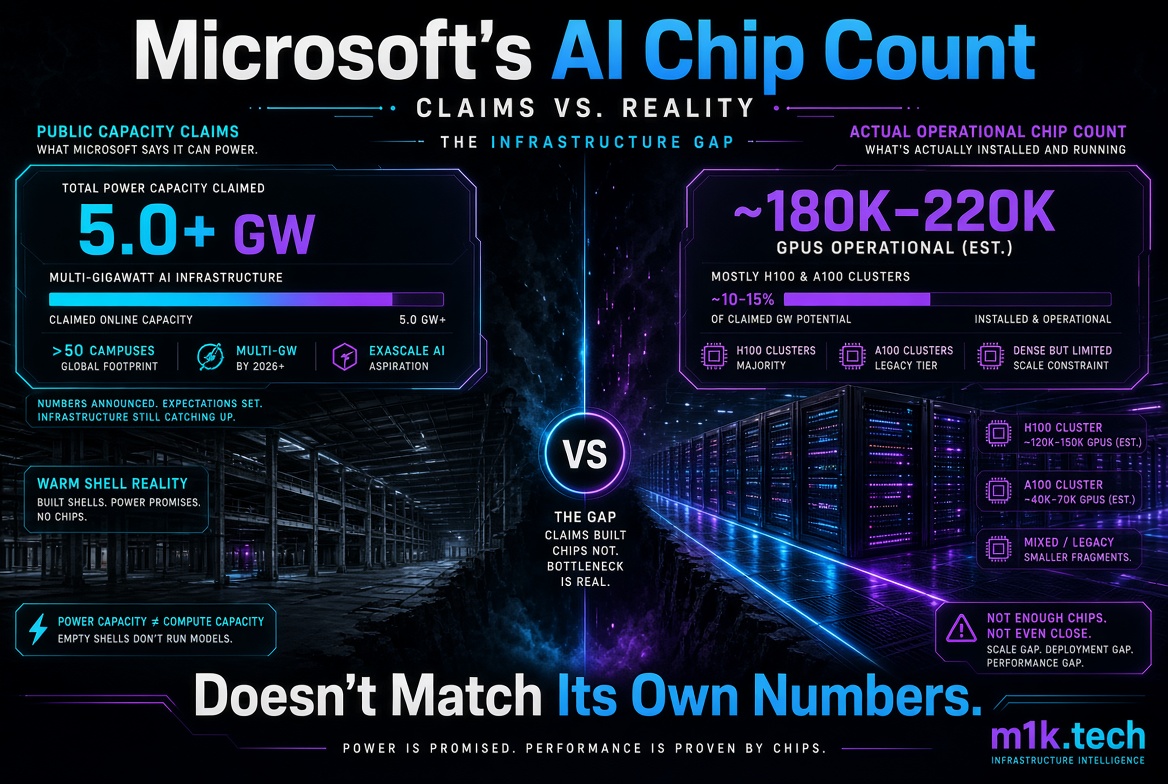 Infographic comparing Microsoft's AI claims vs reality: 5.0+ GW power capacity claimed across 50+ campuses, but only ~180K-220K GPUs (10-15% of claimed potential) actually operational, mostly H100 and A100 clusters, showing a gap between empty warehouse shells and running data centers