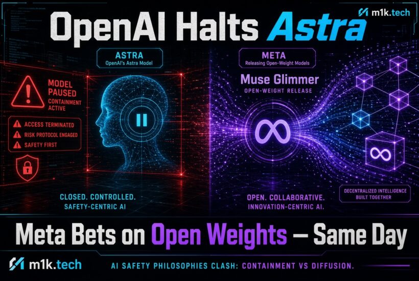 Infographic contrasting OpenAI halting its Astra model for safety containment while Meta releases open-weight Muse Glimmer models the same day, highlighting closed vs. open AI philosophies