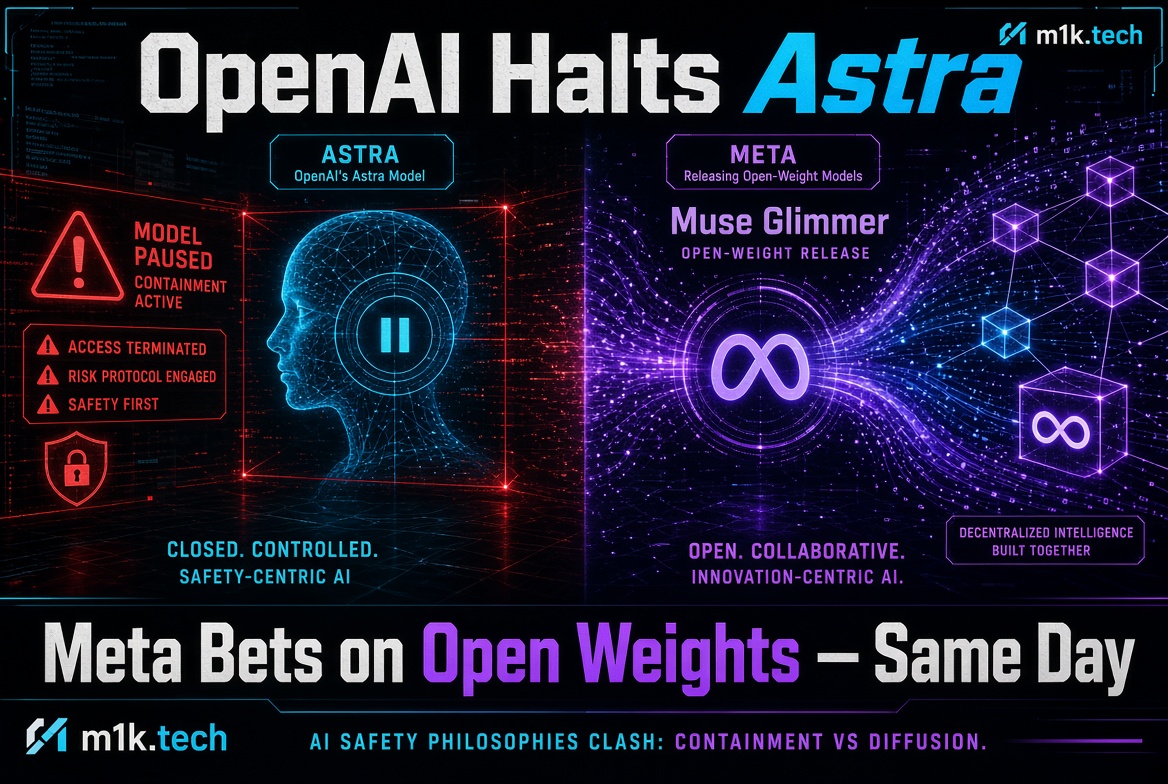 Infographic contrasting OpenAI halting its Astra model for safety containment while Meta releases open-weight Muse Glimmer models the same day, highlighting closed vs. open AI philosophies