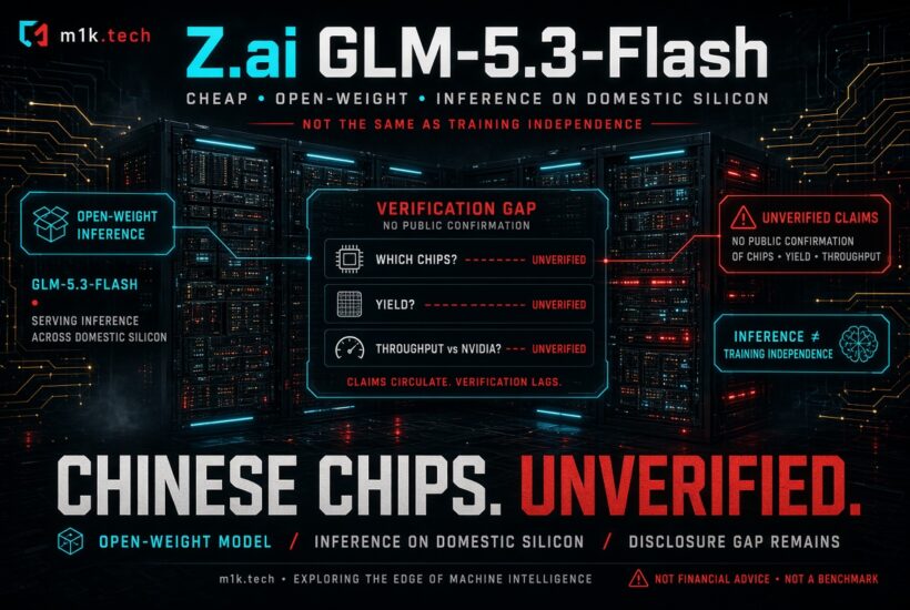 Infographic on Z.ai GLM-5.3-Flash: cheap, open-weight model running inference on domestic Chinese silicon, distinct from training independence. Highlights a verification gap—chip type, yield, and throughput vs Nvidia remain unverified, with claims circulating but unconfirmed. Tagline: Chinese chips, unverified; open-weight model; disclosure gap remains