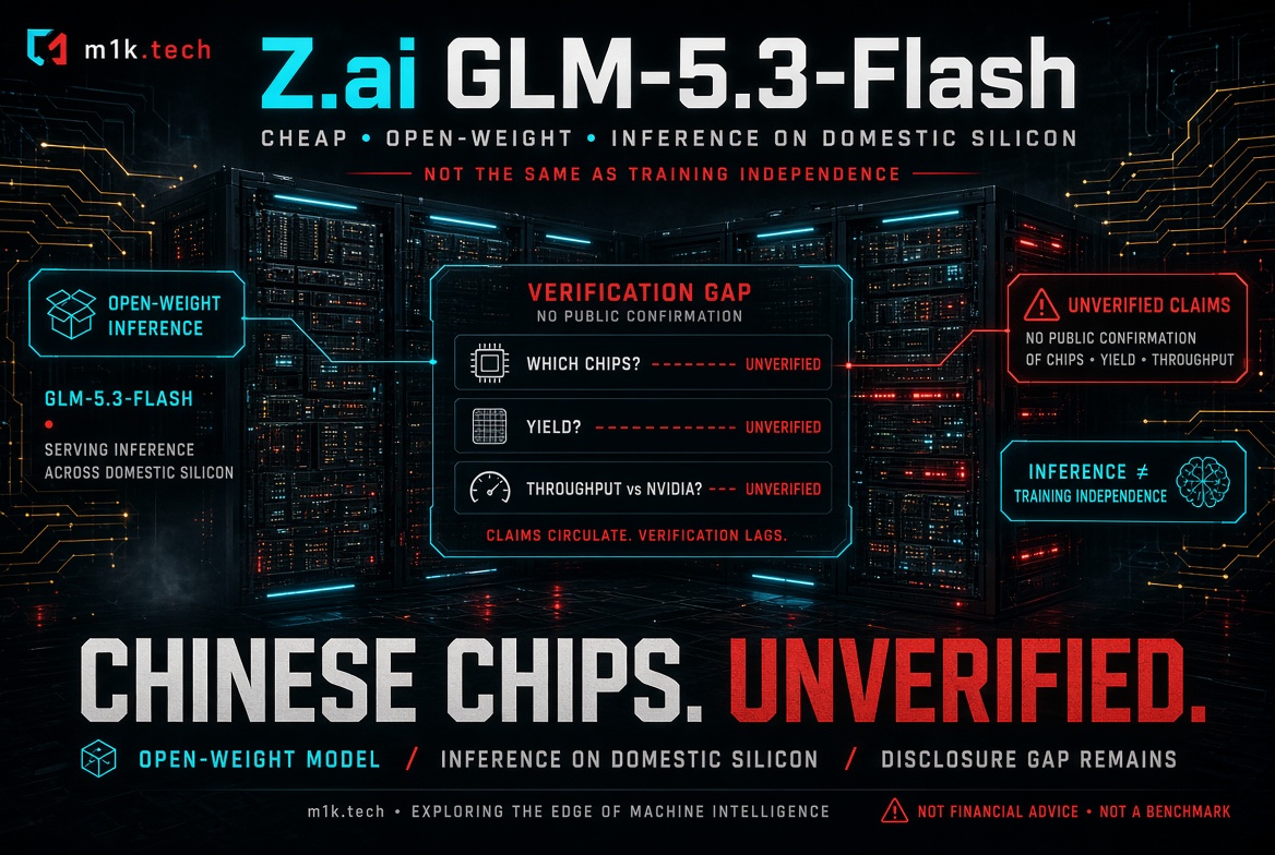 Infographic on Z.ai GLM-5.3-Flash: cheap, open-weight model running inference on domestic Chinese silicon, distinct from training independence. Highlights a verification gap—chip type, yield, and throughput vs Nvidia remain unverified, with claims circulating but unconfirmed. Tagline: Chinese chips, unverified; open-weight model; disclosure gap remains