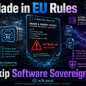 Infographic: EU industrial rules cover physical goods and production but not software or digital design, leaving a digital sovereignty gap with code, CAD files, and cloud infrastructure falling outside EU jurisdiction