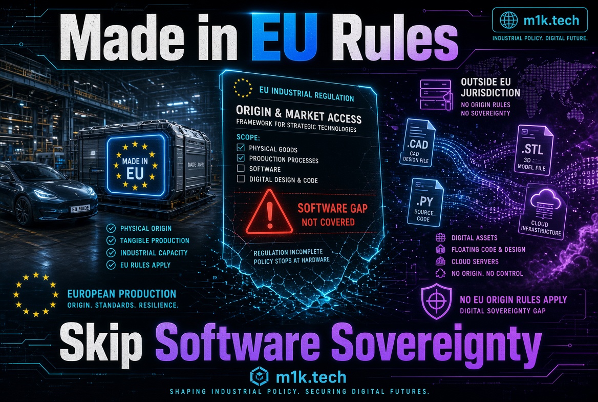 Infographic: EU industrial rules cover physical goods and production but not software or digital design, leaving a digital sovereignty gap with code, CAD files, and cloud infrastructure falling outside EU jurisdiction