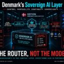 Diagram of Denmark's Sovereign AI Layer by m1k.tech: model requests pass through an OpenAI-compatible API to a Sovereign Router Layer hosted on Gefion, Denmark's supercomputer, which enforces policy, logging, and failover before routing to frontier models like GPT, Gemini, and Claude. Side panels highlight model-agnostic routing with no vendor lock-in, EU sovereignty alignment (data residency, sovereign control, audit, geopolitical resilience), continuity and risk management with failover paths active, and a control plane based in Copenhagen with jurisdiction in Denmark (EU). Tagline: The router, not the model—sovereignty is the control layer, everything else is portable