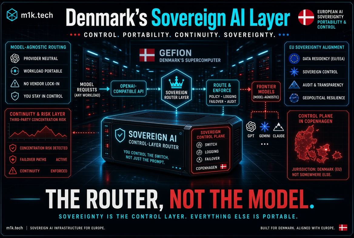 Diagram of Denmark's Sovereign AI Layer by m1k.tech: model requests pass through an OpenAI-compatible API to a Sovereign Router Layer hosted on Gefion, Denmark's supercomputer, which enforces policy, logging, and failover before routing to frontier models like GPT, Gemini, and Claude. Side panels highlight model-agnostic routing with no vendor lock-in, EU sovereignty alignment (data residency, sovereign control, audit, geopolitical resilience), continuity and risk management with failover paths active, and a control plane based in Copenhagen with jurisdiction in Denmark (EU). Tagline: The router, not the model—sovereignty is the control layer, everything else is portable