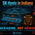 Infographic: SK Hynix Indiana packaging campus assembles and tests HBM chips using DRAM wafers sourced from Icheon, Korea, not fabricated locally. Shows HBM supply chain steps, advanced packaging process, memory shortage timeline 2024-2027+, and groundbreaking ceremony. Key message: Indiana builds the package, Korea builds the memory