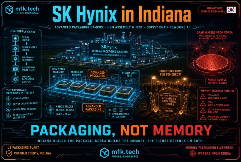 Infographic: SK Hynix Indiana packaging campus assembles and tests HBM chips using DRAM wafers sourced from Icheon, Korea, not fabricated locally. Shows HBM supply chain steps, advanced packaging process, memory shortage timeline 2024-2027+, and groundbreaking ceremony. Key message: Indiana builds the package, Korea builds the memory