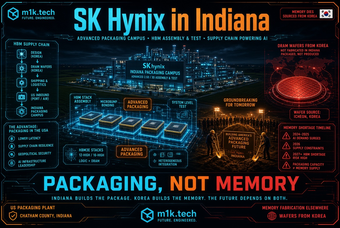 Infographic: SK Hynix Indiana packaging campus assembles and tests HBM chips using DRAM wafers sourced from Icheon, Korea, not fabricated locally. Shows HBM supply chain steps, advanced packaging process, memory shortage timeline 2024-2027+, and groundbreaking ceremony. Key message: Indiana builds the package, Korea builds the memory