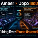 Infographic on Amber Enterprises taking over Oppo, OnePlus, and Realme phone assembly in Noida, shifting EMS control to Indian firms with higher local value addition in PCBs, camera modules, displays, batteries, chargers, and frames, driving Made in India volume ramp-up