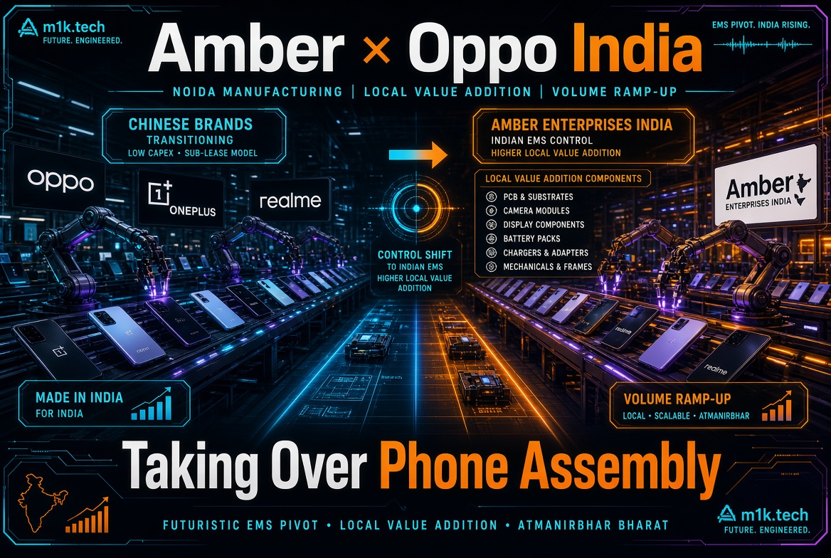 Infographic on Amber Enterprises taking over Oppo, OnePlus, and Realme phone assembly in Noida, shifting EMS control to Indian firms with higher local value addition in PCBs, camera modules, displays, batteries, chargers, and frames, driving Made in India volume ramp-up