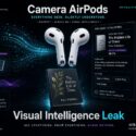 Infographic on camera-equipped AirPods using Siri Visual Intelligence to identify a book, "The Hidden Life of Trees," with 98.7% match confidence, showing on-device AI processing, encrypted data streams, and privacy features like no cloud upload or history storage; titled "Camera AirPods: Visual Intelligence Leak