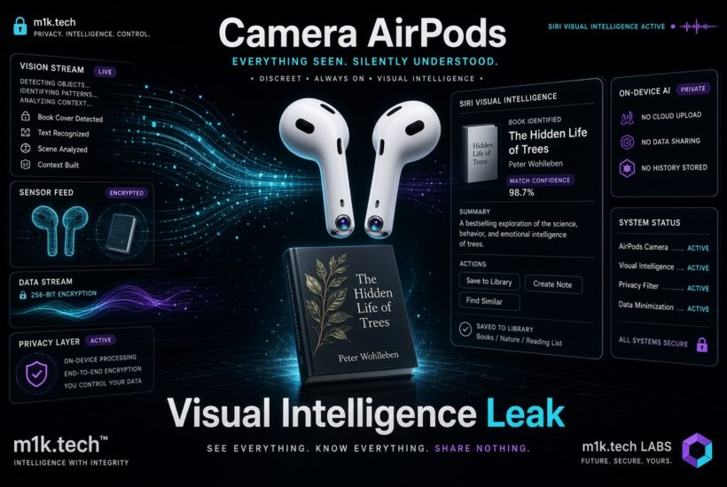 Infographic on camera-equipped AirPods using Siri Visual Intelligence to identify a book, "The Hidden Life of Trees," with 98.7% match confidence, showing on-device AI processing, encrypted data streams, and privacy features like no cloud upload or history storage; titled "Camera AirPods: Visual Intelligence Leak