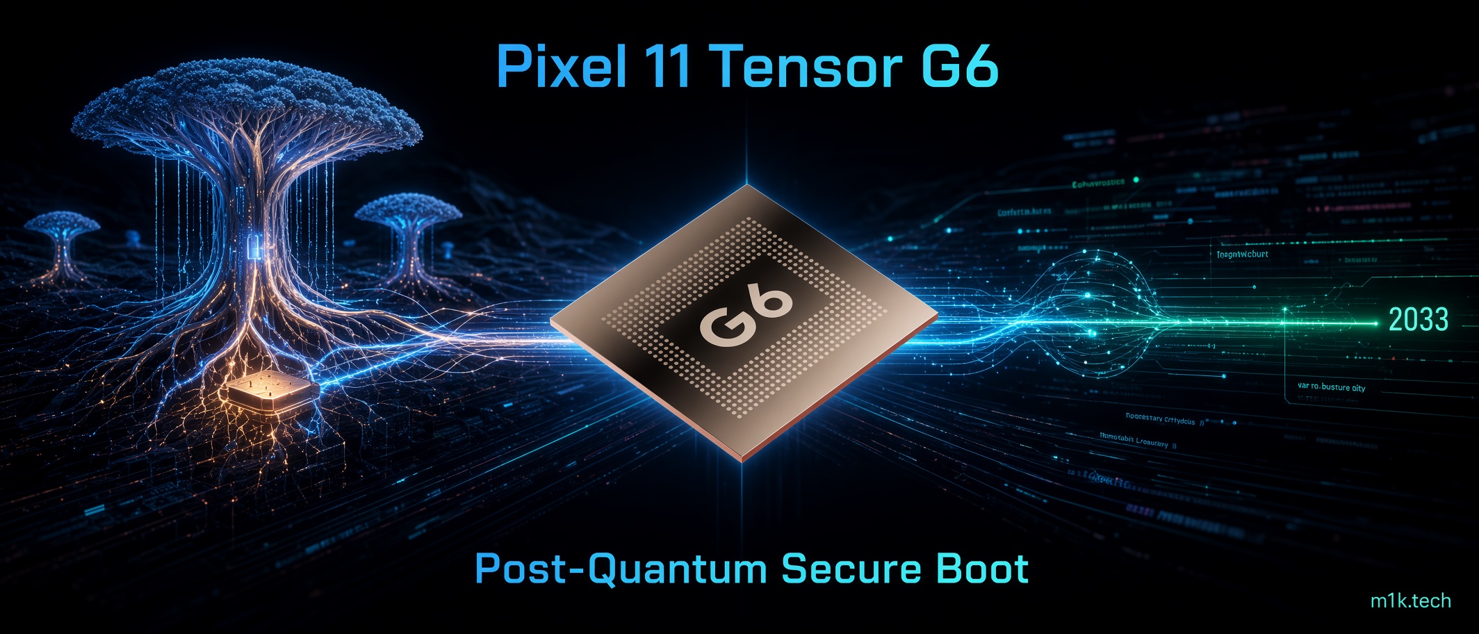 Illustration titled Pixel 11 Tensor G6 showing a G6 chip flanked by glowing digital trees, with text reading Post-Quantum Secure Boot and 2033