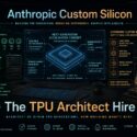 Infographic on Anthropic's Custom Silicon initiative: TPU heritage across 7 generations, efficiency trajectory chart, next-generation accelerator concept with scalable interconnect, domain-specific cores, optimized memory hierarchy, and system-level co-design; institutional groundwork covering long-term infrastructure strategy, vertical integration, model-silicon co-design, and supply chain resilience; headline "The TPU Architect Hire" noting the architect of seven TPU generations now building what's next