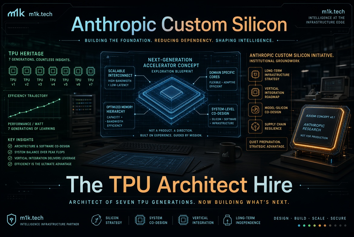 Infographic on Anthropic's Custom Silicon initiative: TPU heritage across 7 generations, efficiency trajectory chart, next-generation accelerator concept with scalable interconnect, domain-specific cores, optimized memory hierarchy, and system-level co-design; institutional groundwork covering long-term infrastructure strategy, vertical integration, model-silicon co-design, and supply chain resilience; headline "The TPU Architect Hire" noting the architect of seven TPU generations now building what's next