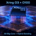 Illustration of Xring O3 + O100 chip on a circuit board with glowing blue connections, labeled All-Big-Core + Hybrid Bonding