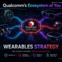 Qualcomm's Ecosystem of You wearables strategy infographic showing five Snapdragon-powered devices: smartwatch, earbuds, smart glasses, smart ring, and AI headset, unified by the Snapdragon Wearable Platform with on-device AI, seamless connectivity, privacy and security, and efficiency